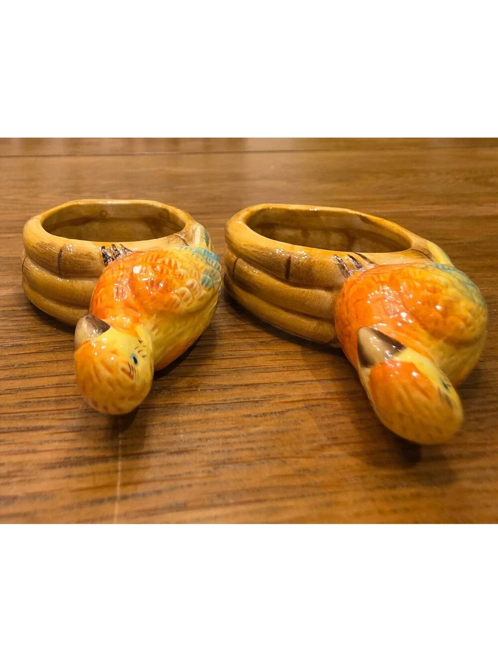 Ceramic Parrot Napkin Rings Pair  Yellow & Orange Tropical Tiki Bird